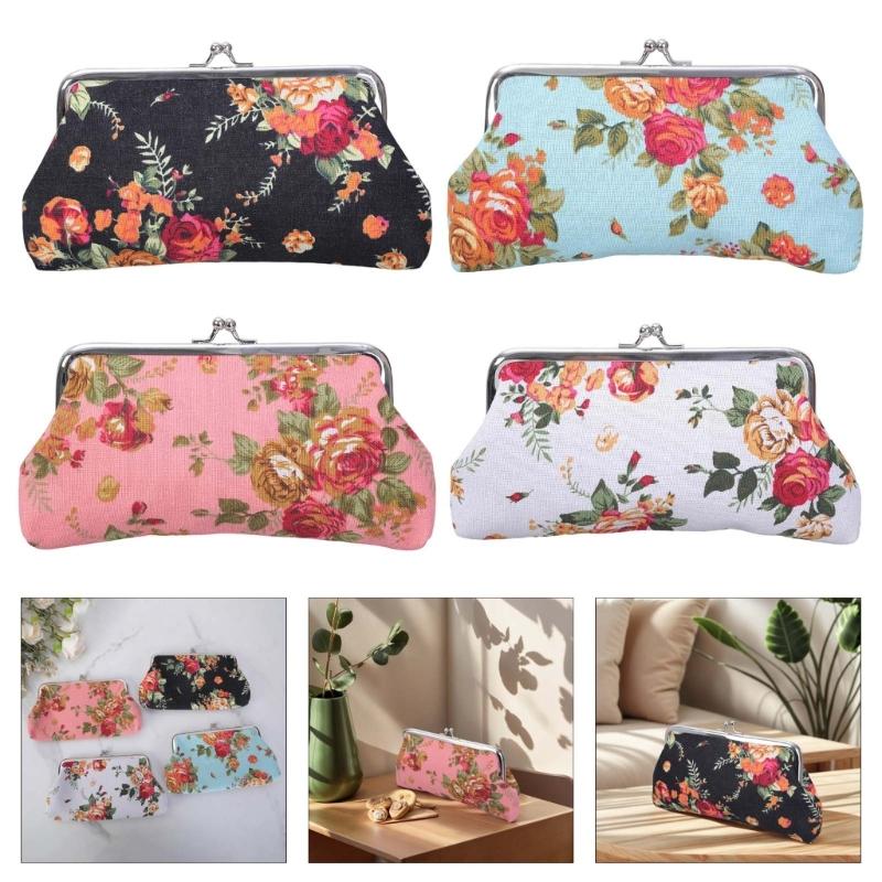 Monedero Floral, Monedero con Cierre de Beso de Rosa para Mujeres Niñas Billeteras Lindas de Moda con Cierre Monedero de Coche Vintage