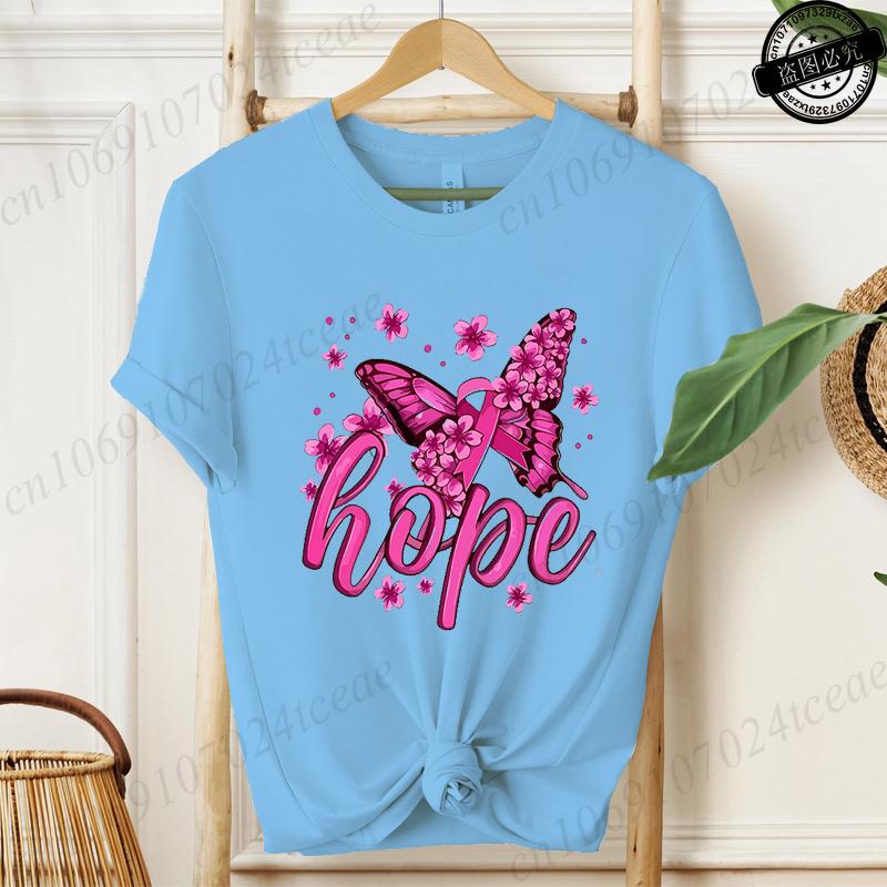 Hope Pink Ribbon Butterfly Breast Cancer Awareness Warrior Print Women's T-Shirt,Graphic Tee Tops,Casual Streetwear Fashion Tops