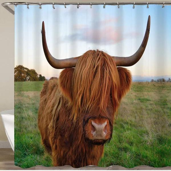 Highland Cow Shower Curtain Rustic Bull Western Farmhouse Cattle Country Restroom Accessories Funny Farm Animal Bathroom Decor