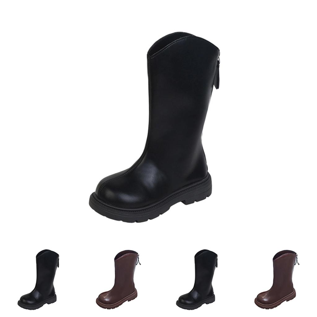 Kids Casual Mid-Calf Leather Boots with Round Toe and Back Zipper