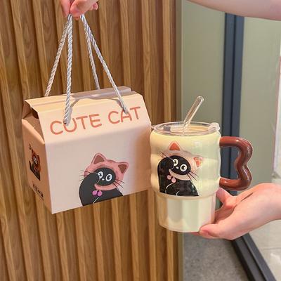 Birthday Gift for Girls Cute Cat Sip Cup High-value Ceramic Mug with Lid Souvenir Gift Box