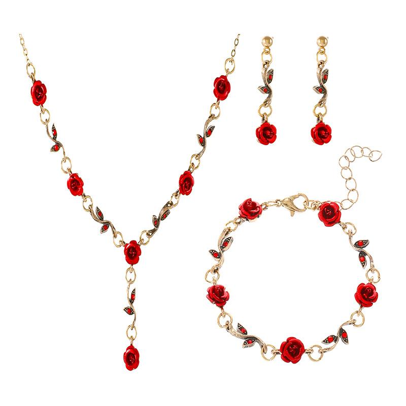Vintage Gold Red Rose Jewelry Set, Floral Necklace, Bracelet & Drop Earrings for Women