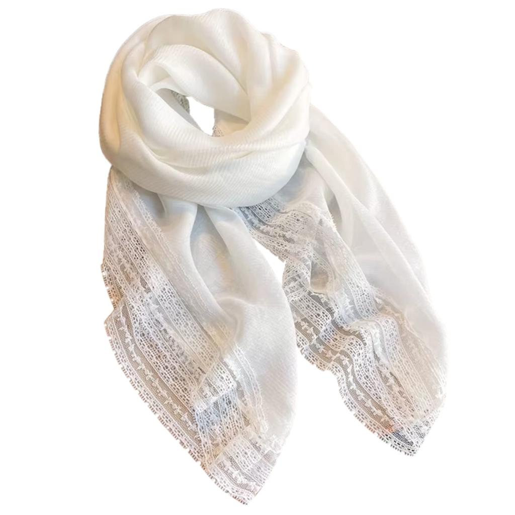 Ecru Shawl with Lace - 100X100 , Cotton with Polyester