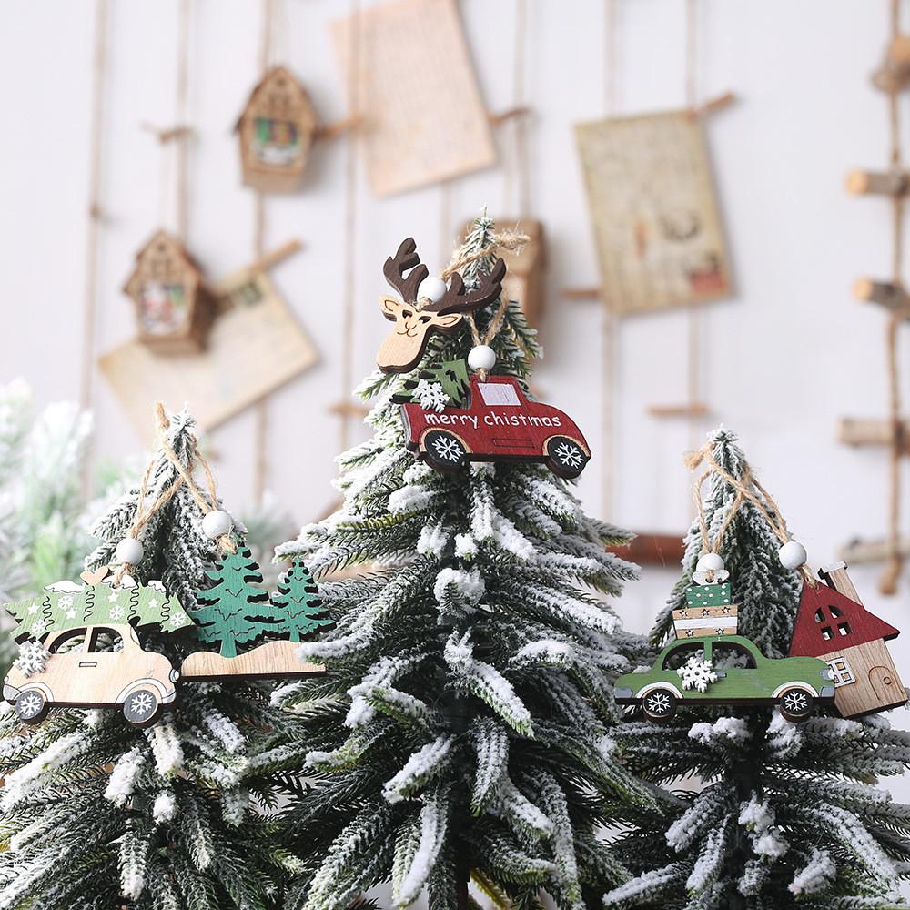 Charming Wooden Christmas Tree Hanging Ornaments Set With Car And Reindeer Designs