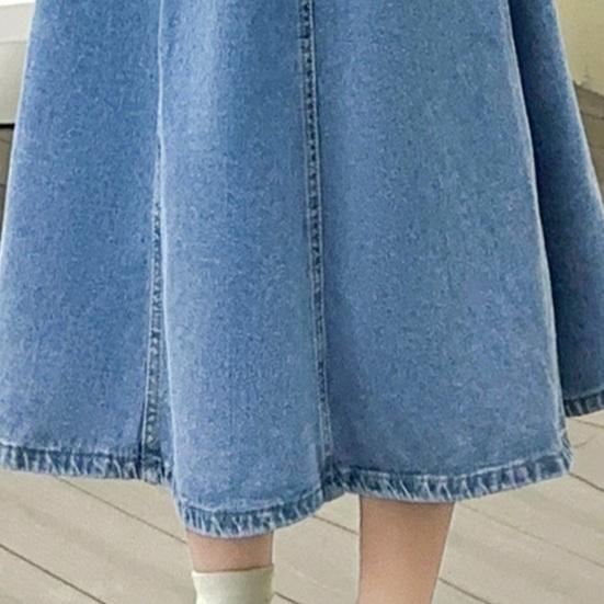 Denim Midi Skirt High Waist Button Zipper Fly A-Line Hem Skirt Solid Color Blue Skirt Office Lady Denim Skirt Daily Wear