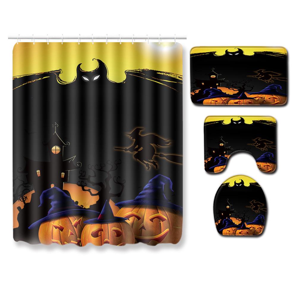 Halloween Shower Curtain Floor Mat Combination Four-Piece Set Bathroom Toilet Carpet Shower Room Mat Foot Mat