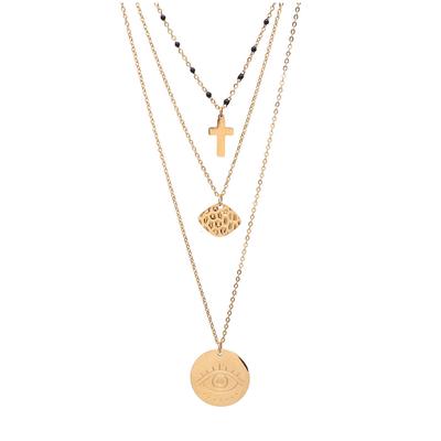 [Q8636] - Gold 'Boho' Steel Designer Necklace (3 Rows) - 38/44/54 Cm - 20 Mm Eye