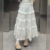 Women Maxi Skirt Elastic High Waist A-Line Skirt Solid Color Hollow Crochet Flower Pattern Ruffle Stitching Cake Skirt