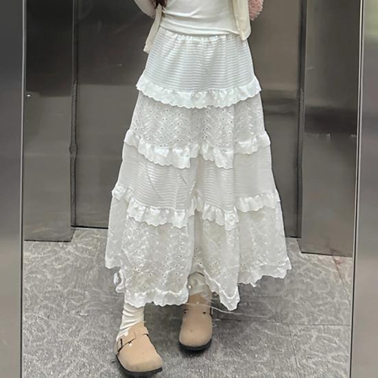 Women Maxi Skirt Elastic High Waist A-Line Skirt Solid Color Hollow Crochet Flower Pattern Ruffle Stitching Cake Skirt