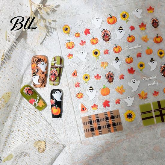 Fall Themed Nail Accessories Art Stickers for Halloween Thanksgiving, Autumn Turkey Pumpkin Maple Leaf Manicure Sticker, Embossed Waterproof Adhesive