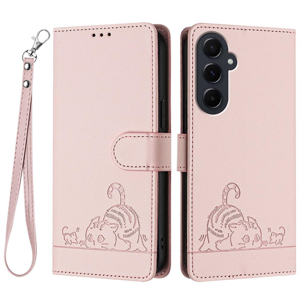 Für Samsung Galaxy A55 5G Hülle mit Riemen RFID-Blockierende Leder-Brieftasche Handyhülle Katze Maus Muster