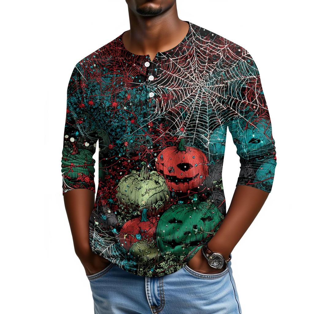 Men Casual Halloween Print Henley Shirt Raglan Three Quarter Sleeve Top Lightweight Comfortable Fabric