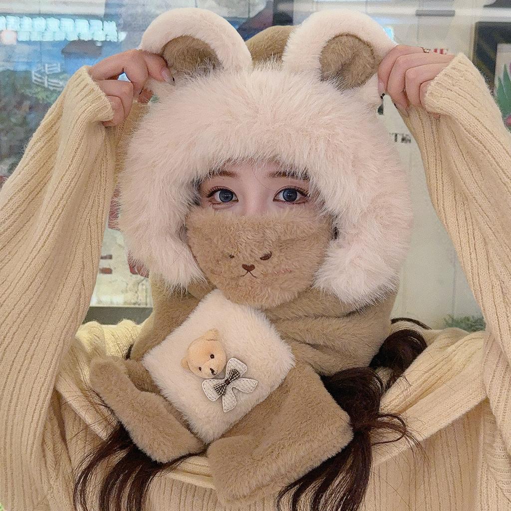 Hat winter warm cute scarf plush hat christmas deer gloves scarf integrated three-piece set versatile winter
