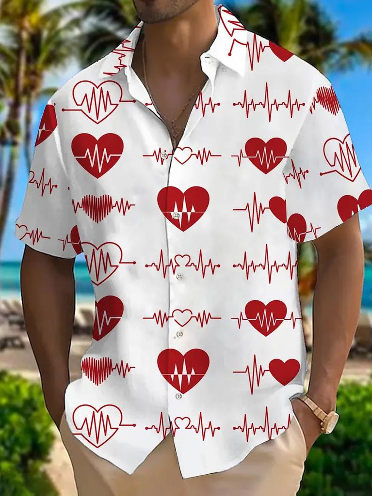 Trendy Short-sleeve Shirt with Love & Heart Prints, Casual and Versatile for Daily Wear.