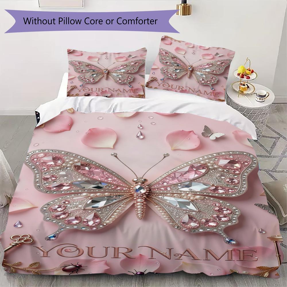 Custom Name Elegant Butterfly Lace Bedding,Quilt Set Quilt Cover Pillowcase Home Birthday Gift(1 * Duvet Cover + 2 * Pillowcase, Without Core)_lx
