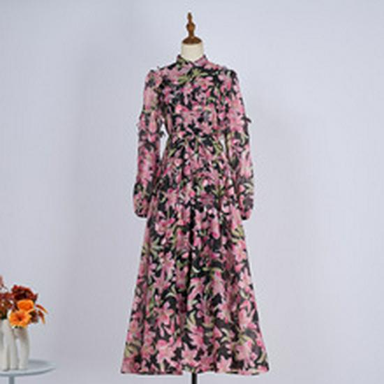 Exquise Robe Maxi Imprimée à Manches Bouffantes avec Détail à Nouer