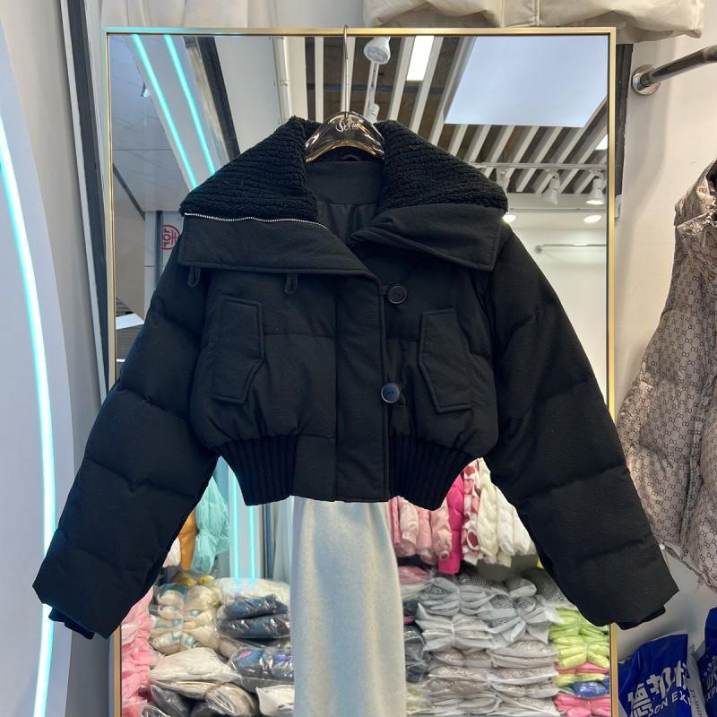 Womens Short Puffer Jacket Winter Warm Thick Loose Cotton-Padded Coat With Stand Collar Zip Front Pocket Design