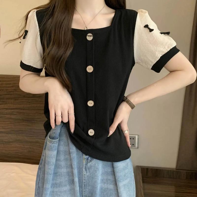 

Summer Women s Casual Bow Decor Short Sleeve Button Down Blouse M чёрный