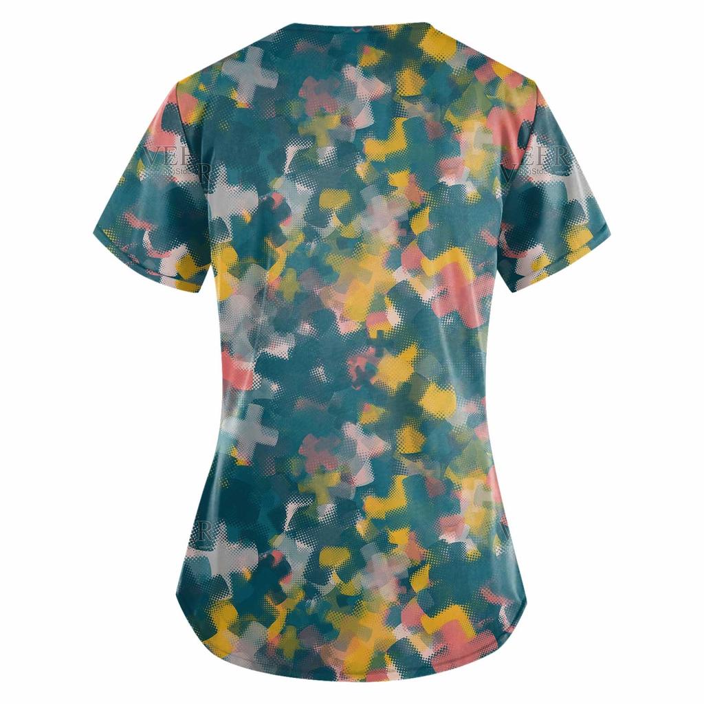 Women's Fashion V-neck Short Sleeve Workwear With Pockets Printed Tops