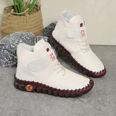 Winter  Woman's Leather High Top Cotton Shoes Flat Bottom Shoes for Woman Warm Cotton Shoes Soft Bottom Non-slip Boots