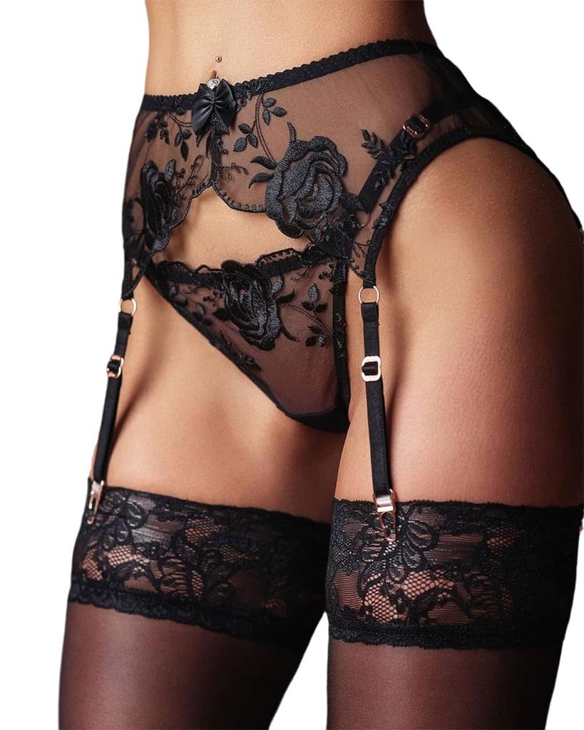 Spitzen-Strumpfhalter-Set mit Tanga für Damen Hosenträger-Dessous mit 4 Metallklammern Haltergurte für Strümpfe + Tanga