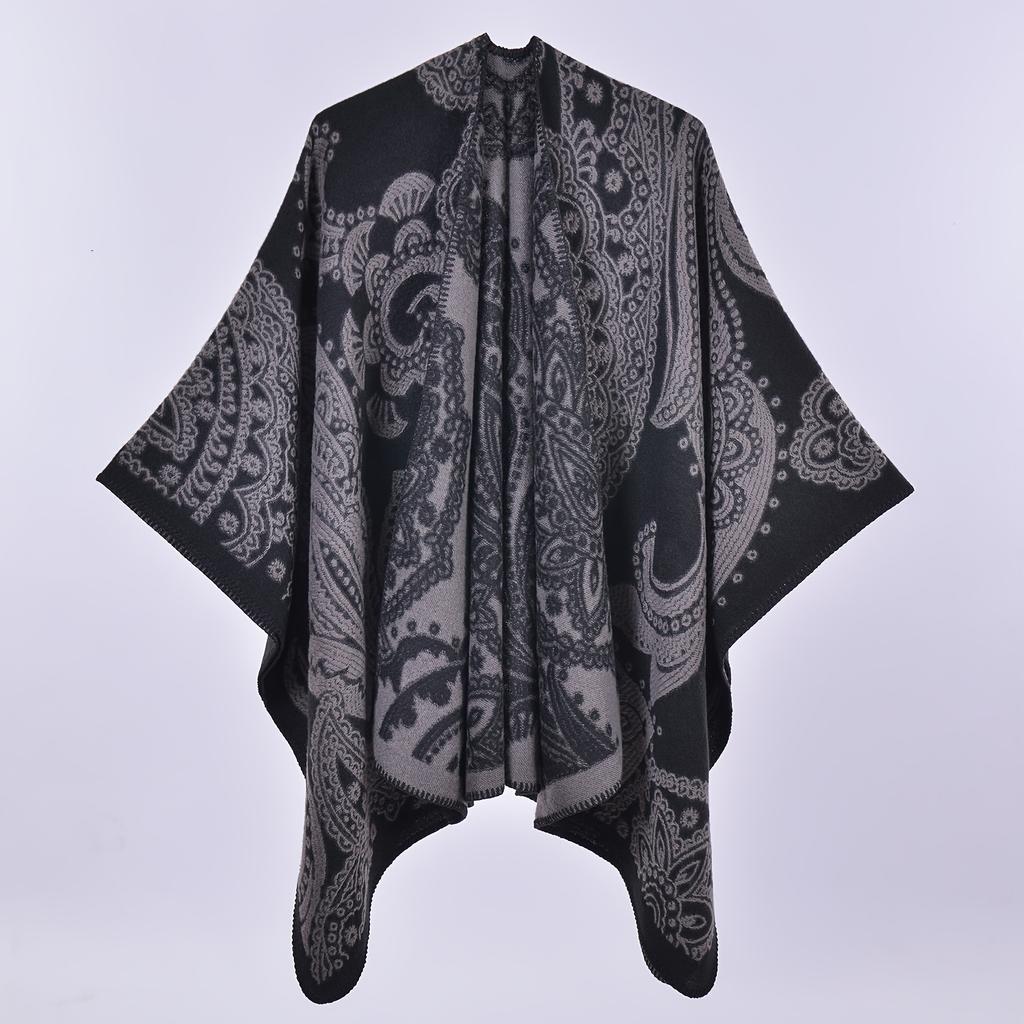Foreign Trade Fashion Slit Imitation Cashmere Scarf Shawl European American Retro Cashew Flower Fork Warm Cloak Jacket