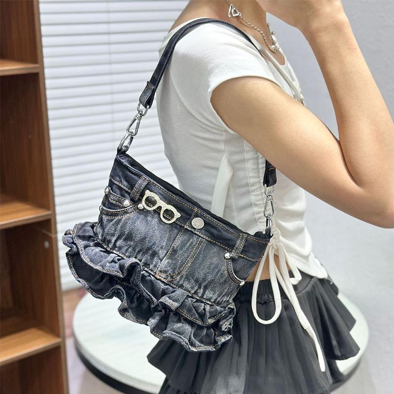 

Fashionable Skirt-style Denim Bag New Denim Canvas Bags Trendy And Simple Shoulder Bags Ruffled Skirt-hem Women s Crossbody Bags 26x10x18cm чорний