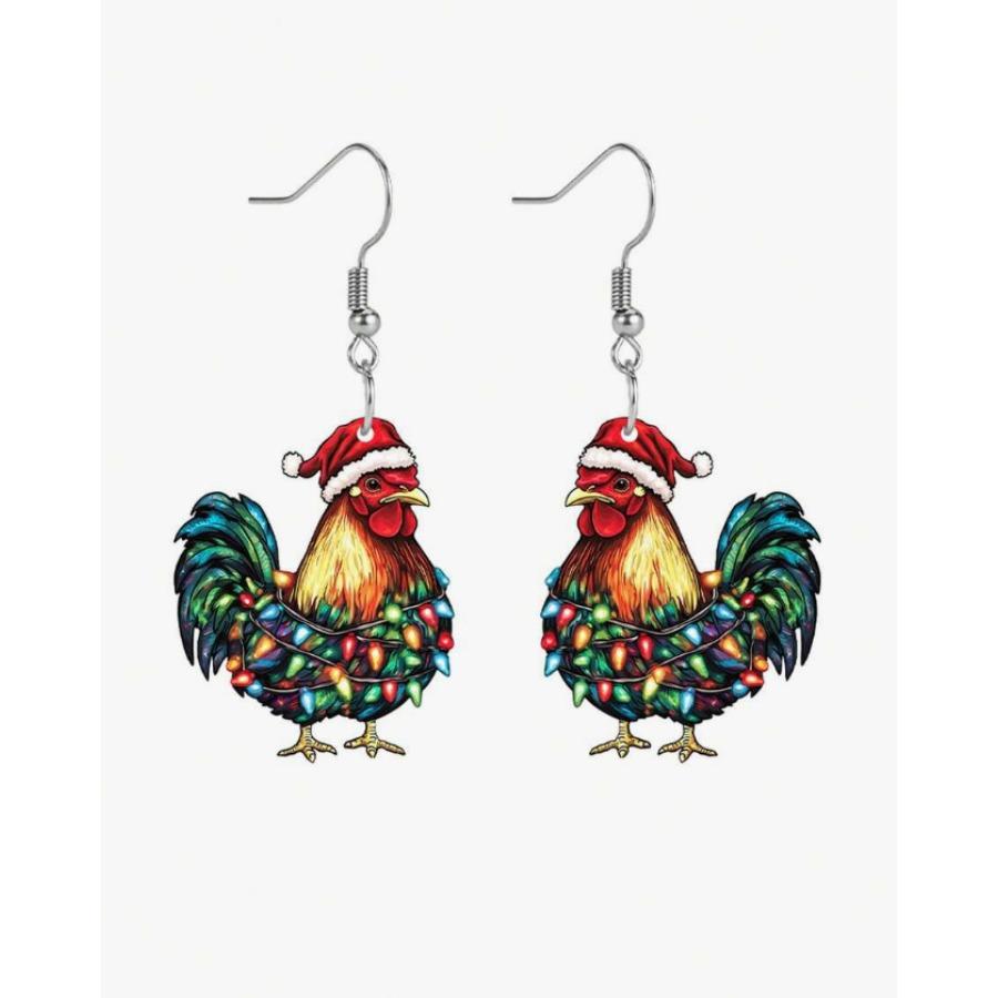 Cross-border new colorful light strings, cock earrings, flat acrylic Christmas gifts, creative funny animal earrings.