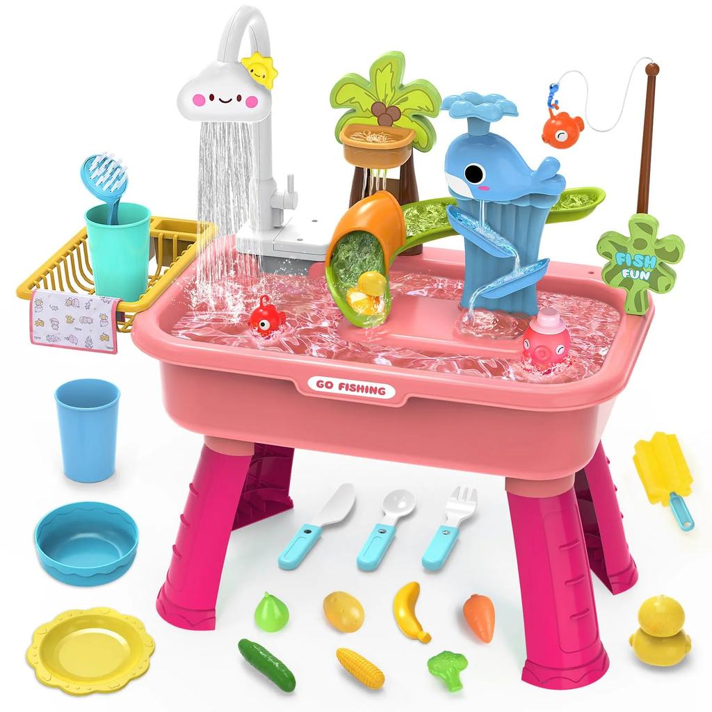 Kleinkinder 1-3 Wassertisch mit,Kinder 4-8 Küchenset,Spüle mit fließendem Wasser,Elektrischer Wasserhahn,Gemüse & Angelspiel