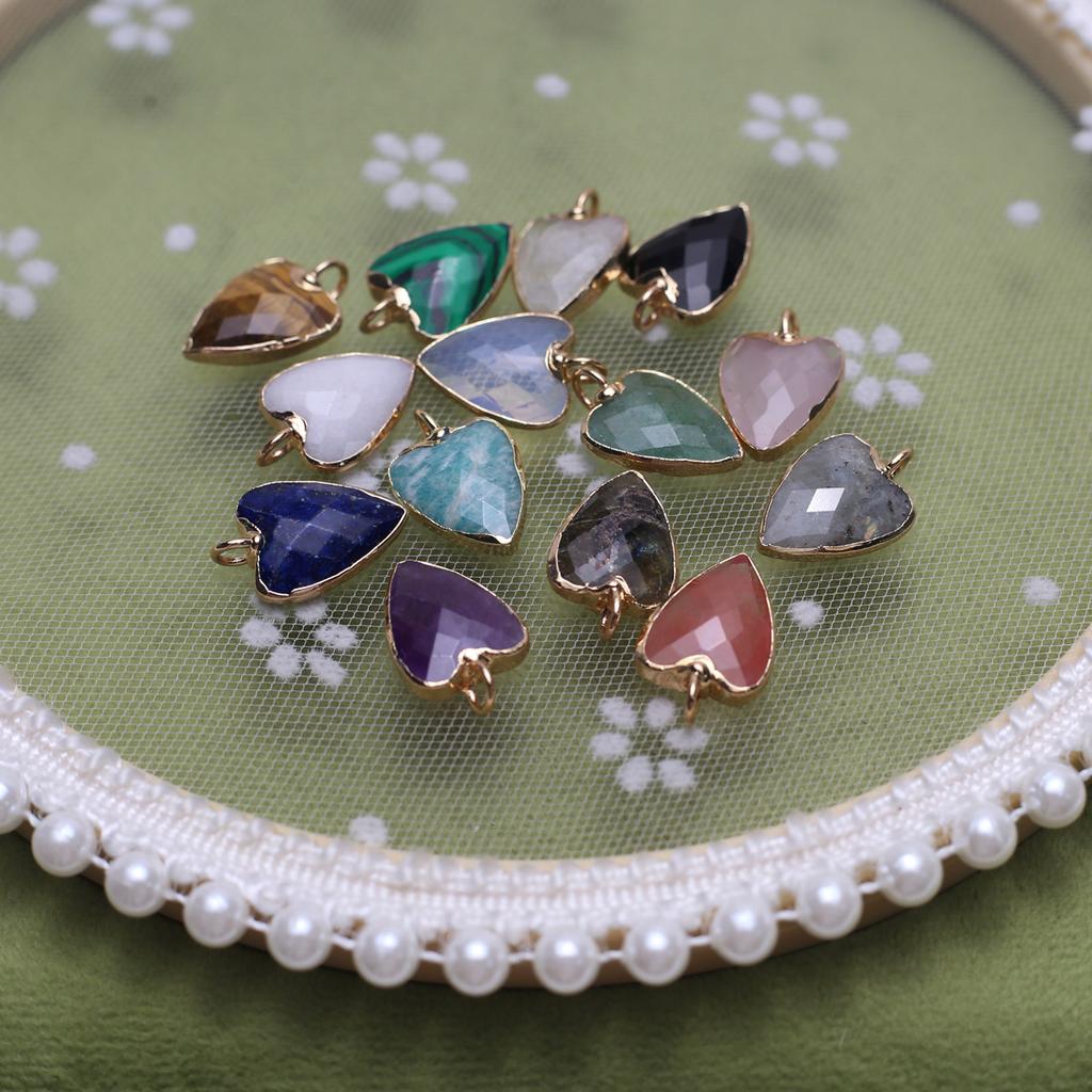 3Pcs, Trending Heart Crystal Pendant with Golden Edging, Faceted Natural Stone Amethyst Agate Opal Gems Charms for Jewelry Making DIY Crafts 13×19mm