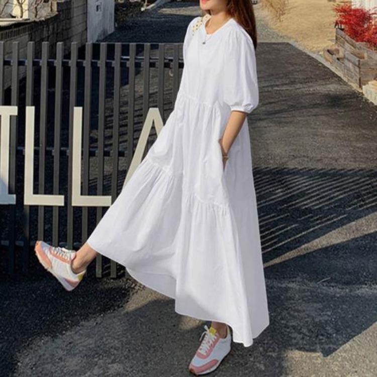 Damen Sommerkleid Locker A-Linie Maxi Knöchellang Kurzarm Rundhalsausschnitt Einfarbige Patchwork Falten Weich Atmungsaktiv Damenkleid