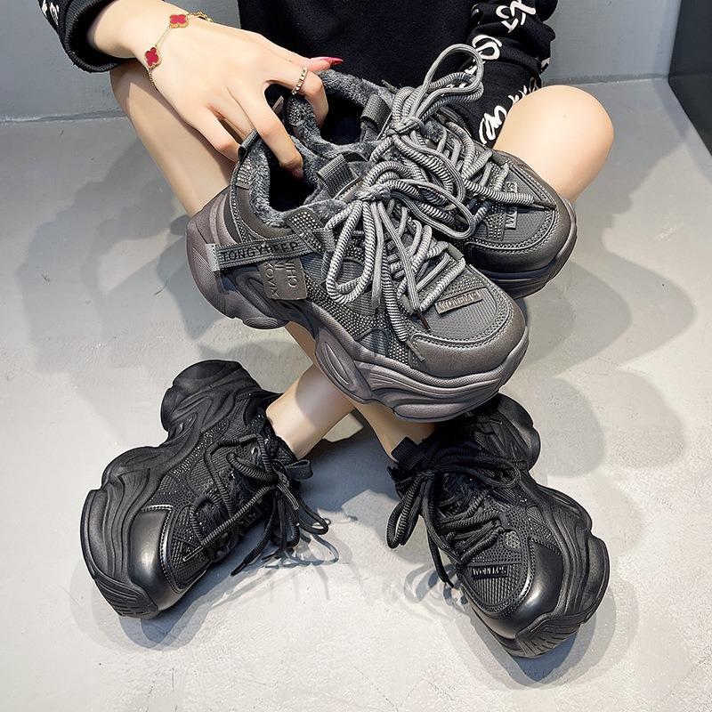 Height-increasing dad shoes women's platform autumn new versatile small man fleece warm belt drill sports shoes cotton shoes
