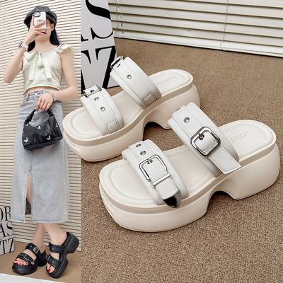 Pantoufles à boucle de ceinture Polyvalentes Chaussures à semelles épaisses de petite taille Tongs de plage à une ligne