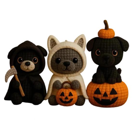 Handmade Crochet Dog Cat Figurine Cute Halloween Knitted Animal with Pumpkin Emotional Support Gift for Dog Cat Lovers