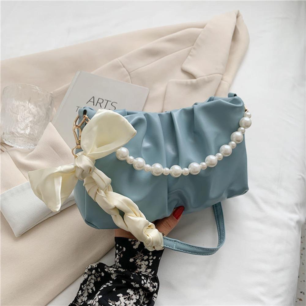PU Leather Pearl Chain Bag Korean Style Bow Handbag Trendy Pleated Shoulder Bag Unisex