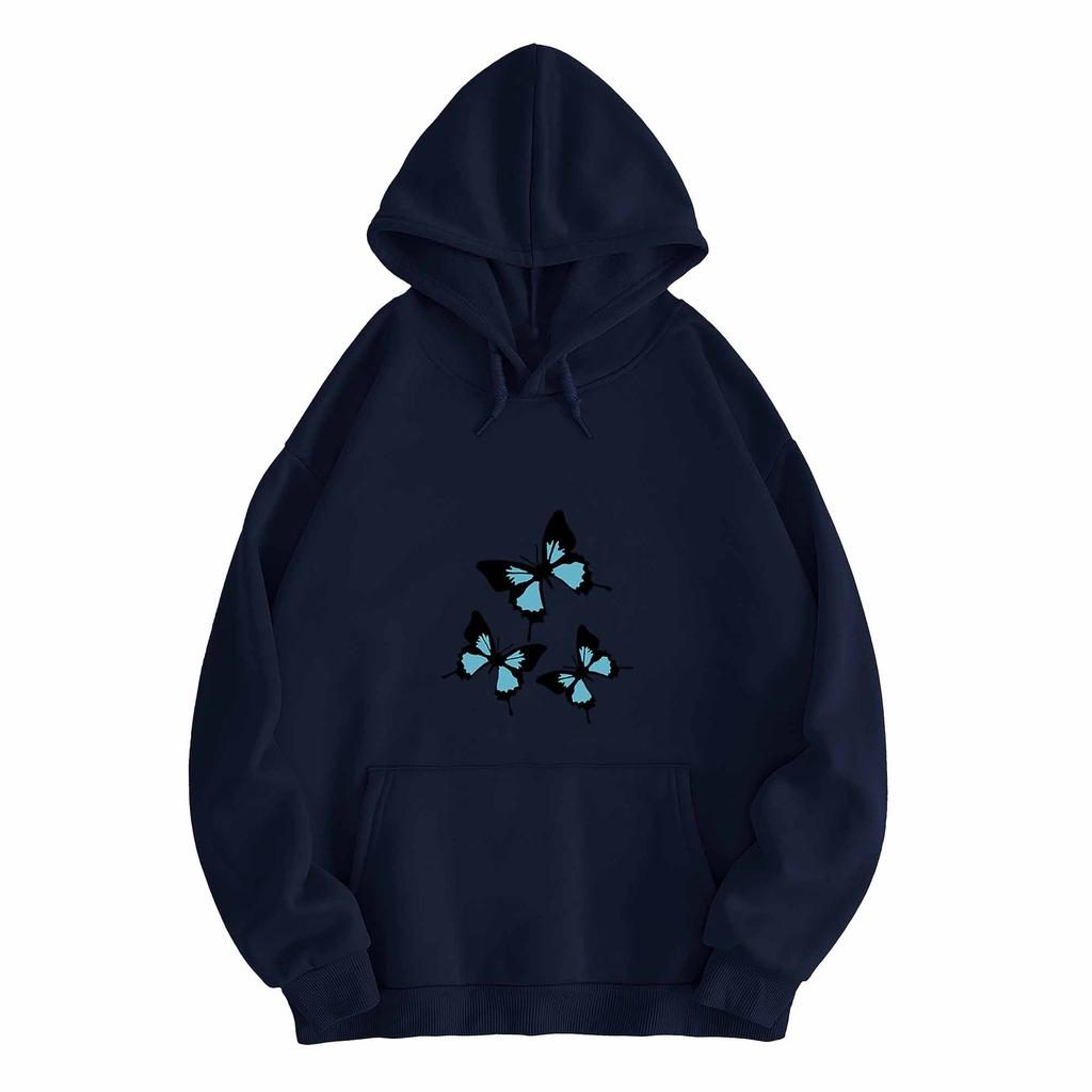 Autumn and Winter Black and Blue Butterfly Print Hoodie Sweatshirt for Men and Women Couples Korean Style Trendy Tops