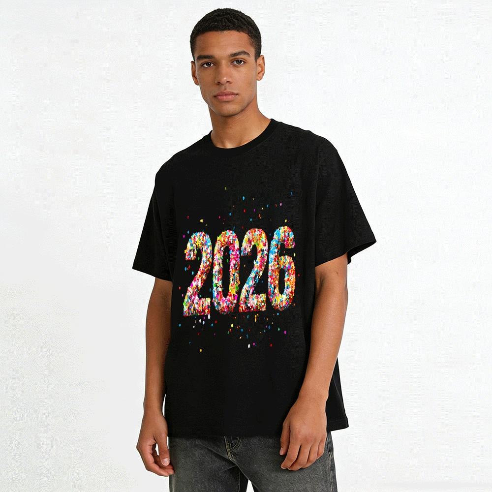 2026 New Year Themed Colorful Print Casual Loose Fit Top Pure Cotton T-shirt