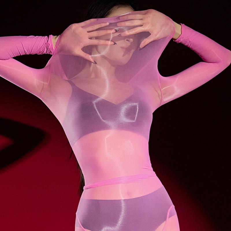 Women Fullbody Jumpsuit Oil Shiny Glossy Transparent Ultra Elastic Stockings Sexy Aurora Ultra-Thin Silky Seamless Pantyhose