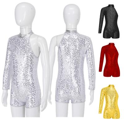 Kids Girls Stylish Clothing Single Long Sleeve Round Collar Shiny Sequins Jazz Dance Leotards