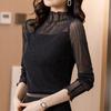 Women's High Neck Mesh Lace Base Layer: Fleece-Lined Long Sleeve Fashionable Innerwear for Autumn/Winter.
