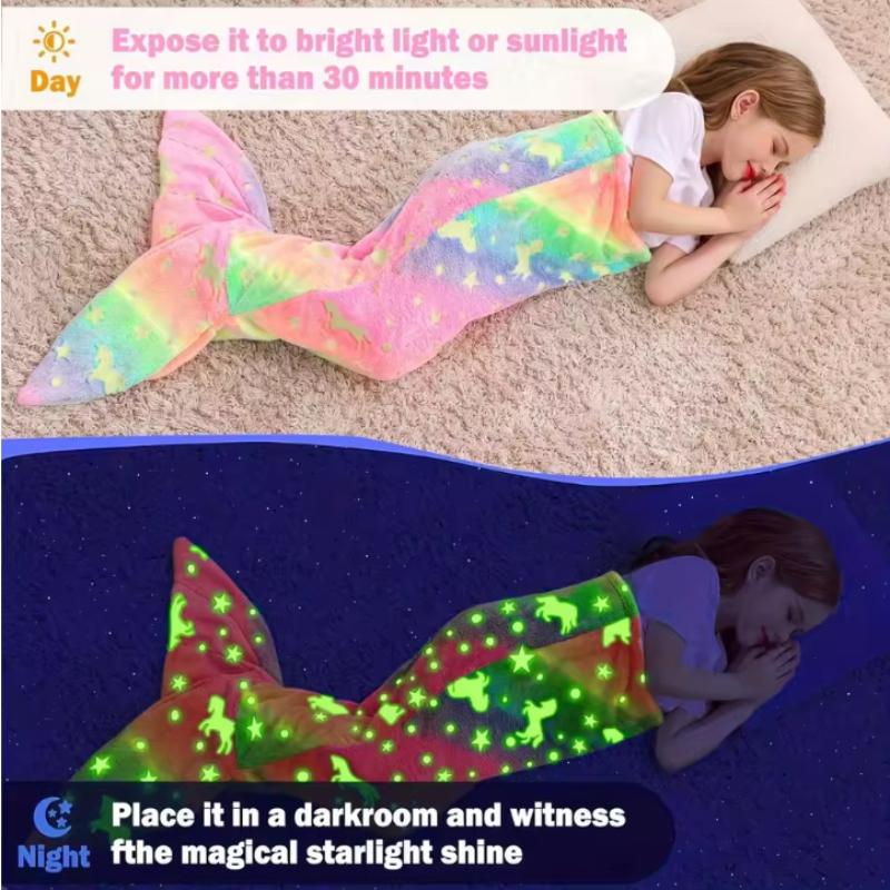 Cartoon Rainbow  Mermaid Tail Blanket Super Soft Glow In The Dark Flannel Mermaid Tail Blanket Girls Sleeping Bag