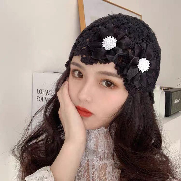 Women's Spring Summer Korean Style Thin Hollow Pearl Petal Handmade Knit Hat Elegant Wool Cap Sweet Head Wrap Hat