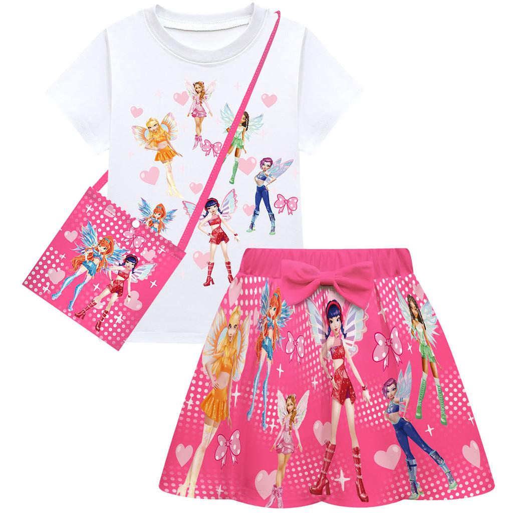 Kids Girls Cartoon Princess KATSEYE Print Short Sleeves T-Shirt Skirt Bag Set