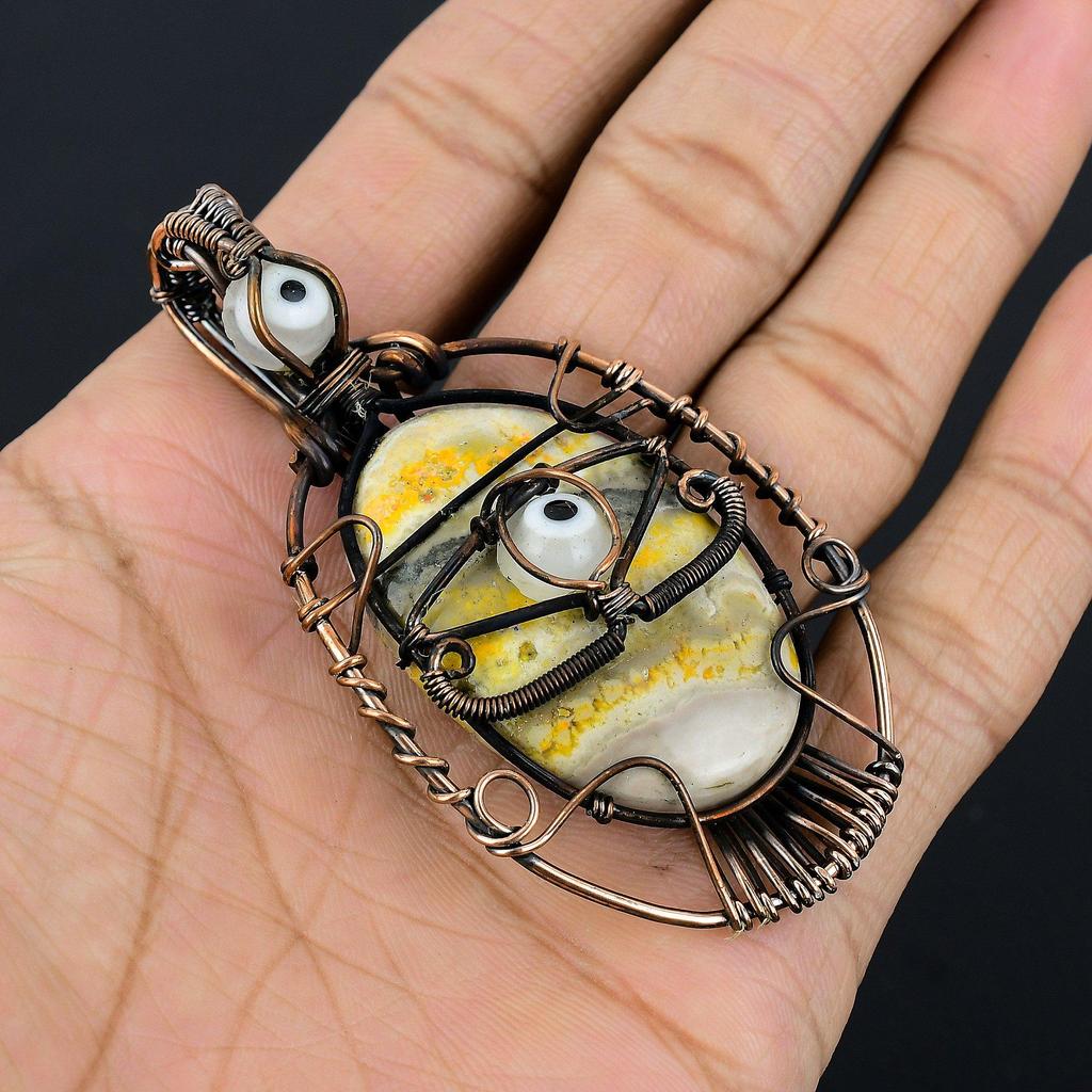 Bumblebee Jasper & White Evil Eye Pendant, 999 Copper Wire Wrapped Gemstone Jewelry, Handmade Pendant, For Mother Day