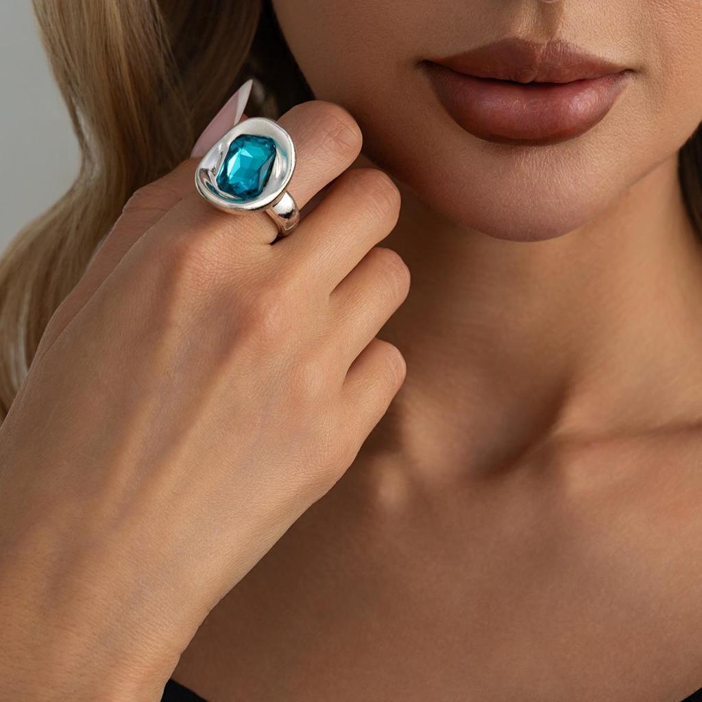 18K Silver Plated Irregular Gemstone Ring Set, Stainless Steel Block Shaped Fluid Shaped Ring, Women's Art Jewelry