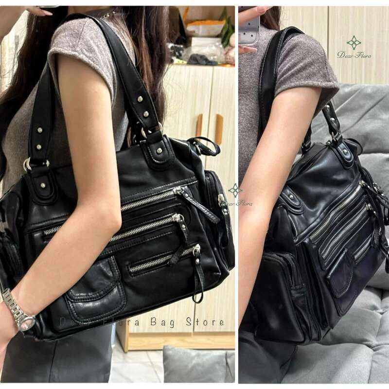 Y2k Women Black Vintage Shoulder Bags Punk Gothic Crossbody Bag Multi Pocket Handbags PU Leather Fashion Large Capacity Tote Bag
