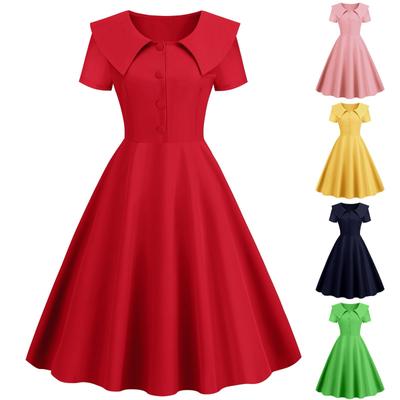 Vestido de una línea delgado de manga corta con solapa y falda vintage con temperamento de verano para mujer