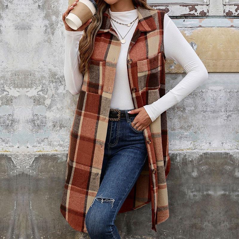 Sleeveless Turn Down Collar Plaid Mid Length Women S Vest