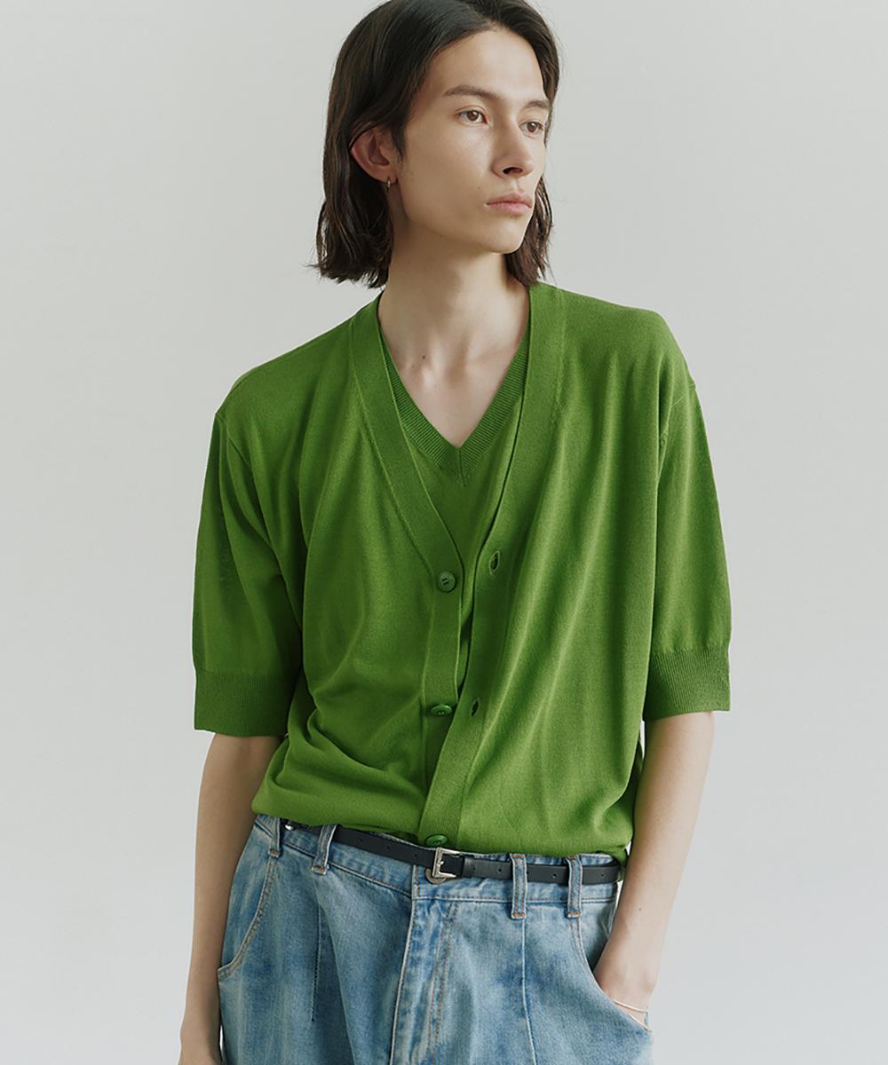 Noir Linen Layered Pullover Half Cardigan Knit (Green) Green/48