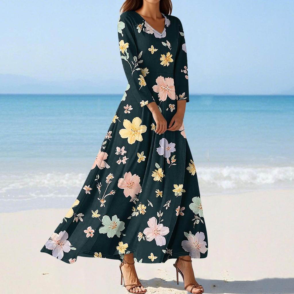 Women's Fashion V-Neck Floating Beach Dresses Seven Sleeve Floral Printed Dresses
